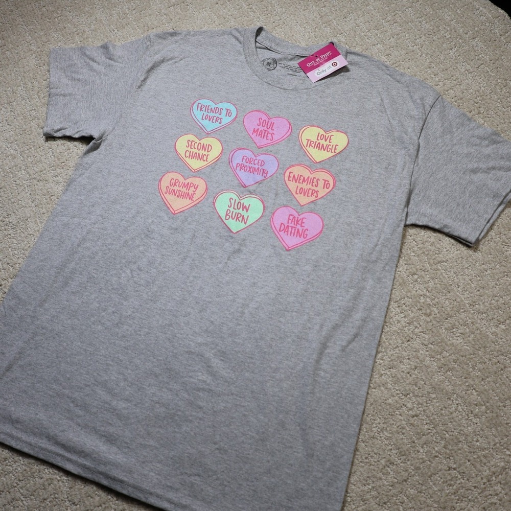 Out of Print Romance Tropes Conversation Hearts Graphic T-Shirt Gray Medium NWT